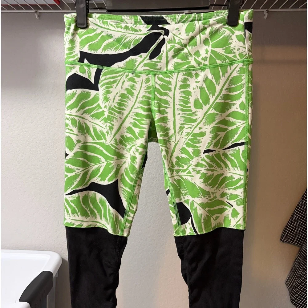 Alo Yoga High-Waist Goddess Leggings Green Palm Print Black Ribbed SMALL